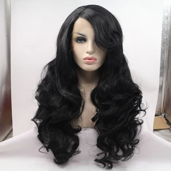 Черный цветной длинный завитый женский парик с кружевом спереди и высокотемпературным синтетическим волокном, вечерний парик с боковой челкой, 20-дюймовые женские парики
